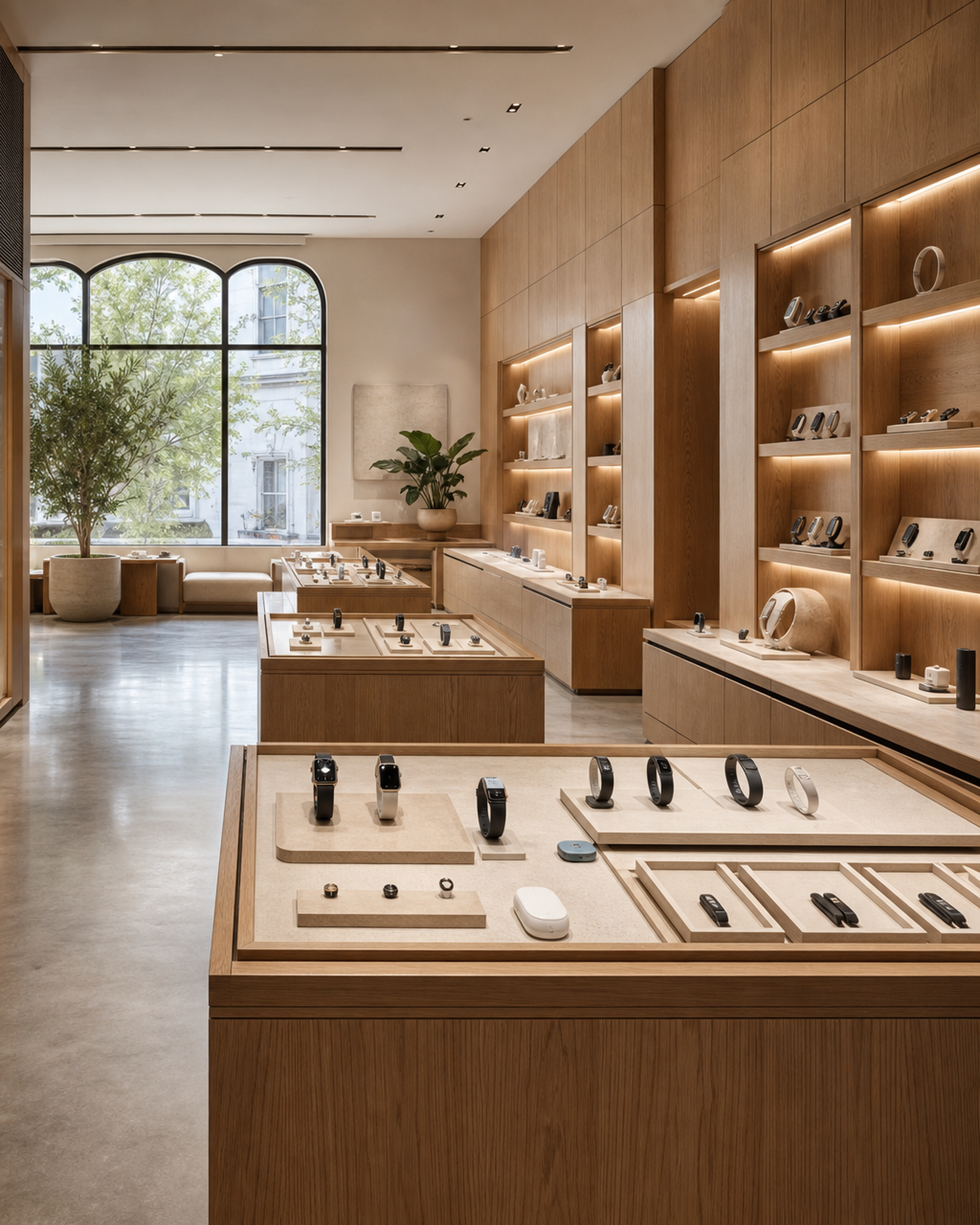 A vaulted ceiling of suspended translucent rings above lit oak shelving