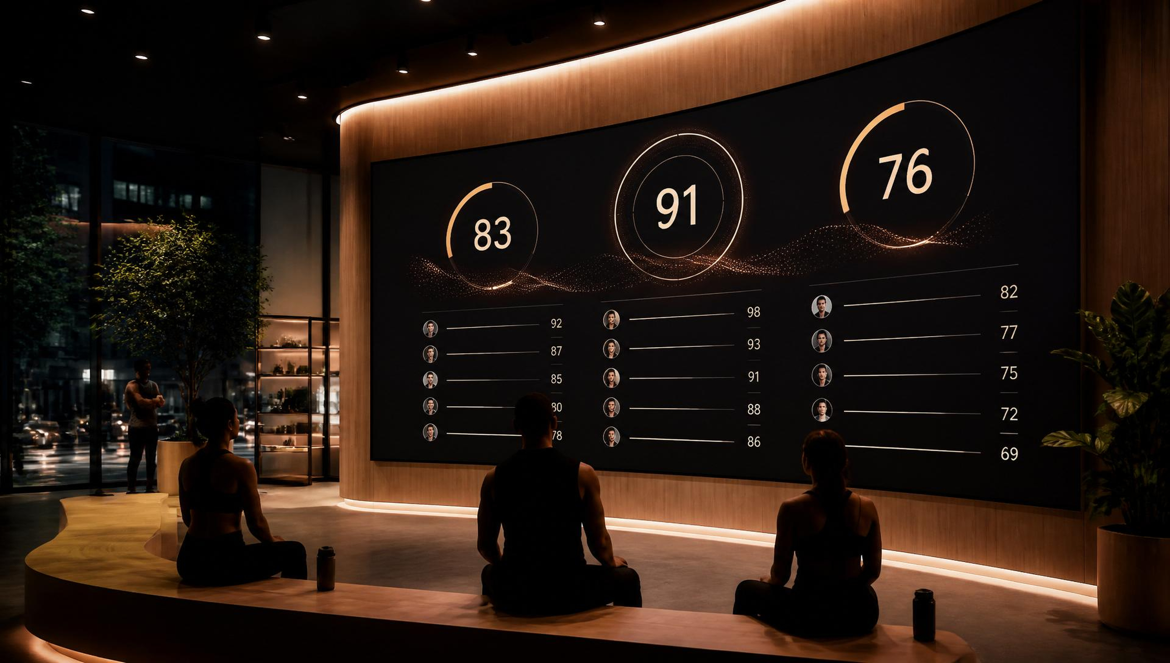 A cinema-scale LED wall in the flagship showing live Elio Scores and a leaderboard