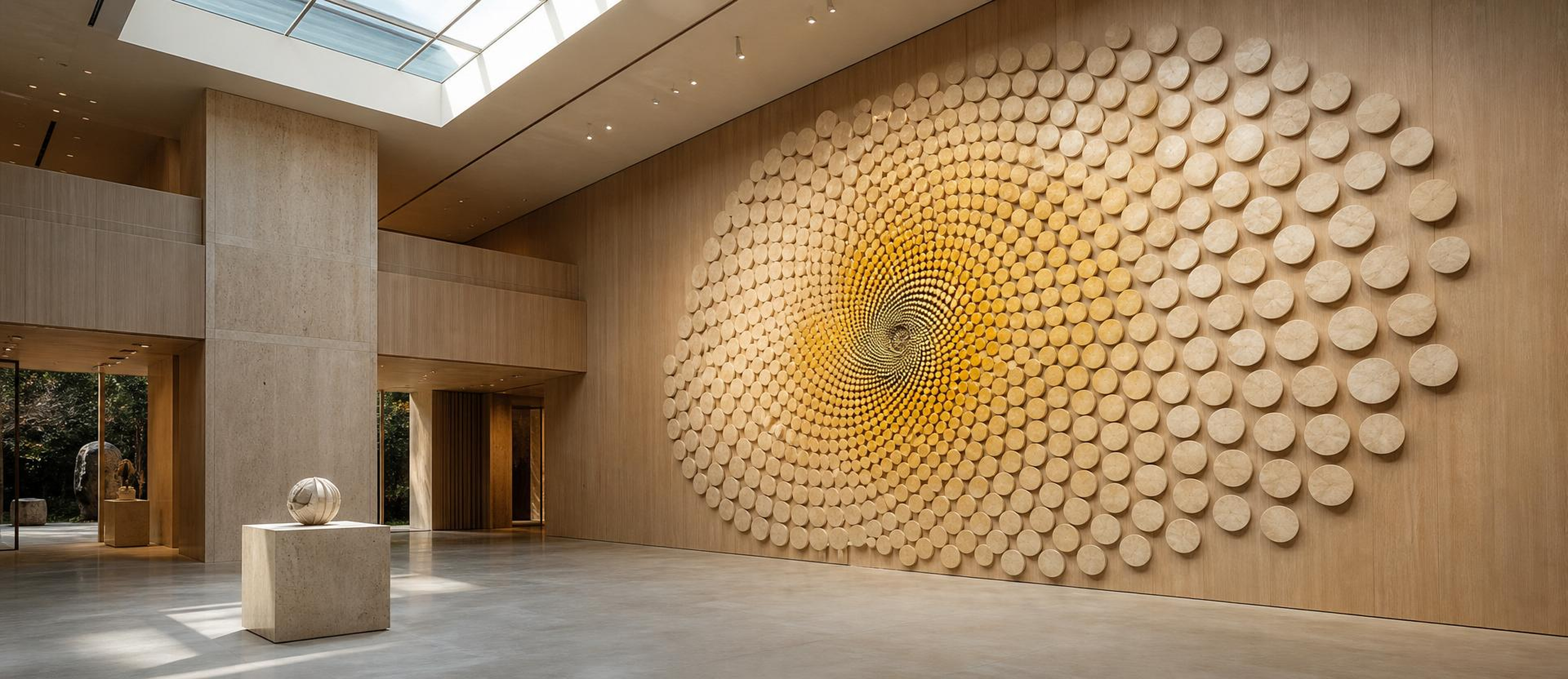 A double-height gallery hall with a monumental wall installation of travertine and brass discs arranged in a Fibonacci sunflower spiral, glowing Elio yellow at the centre