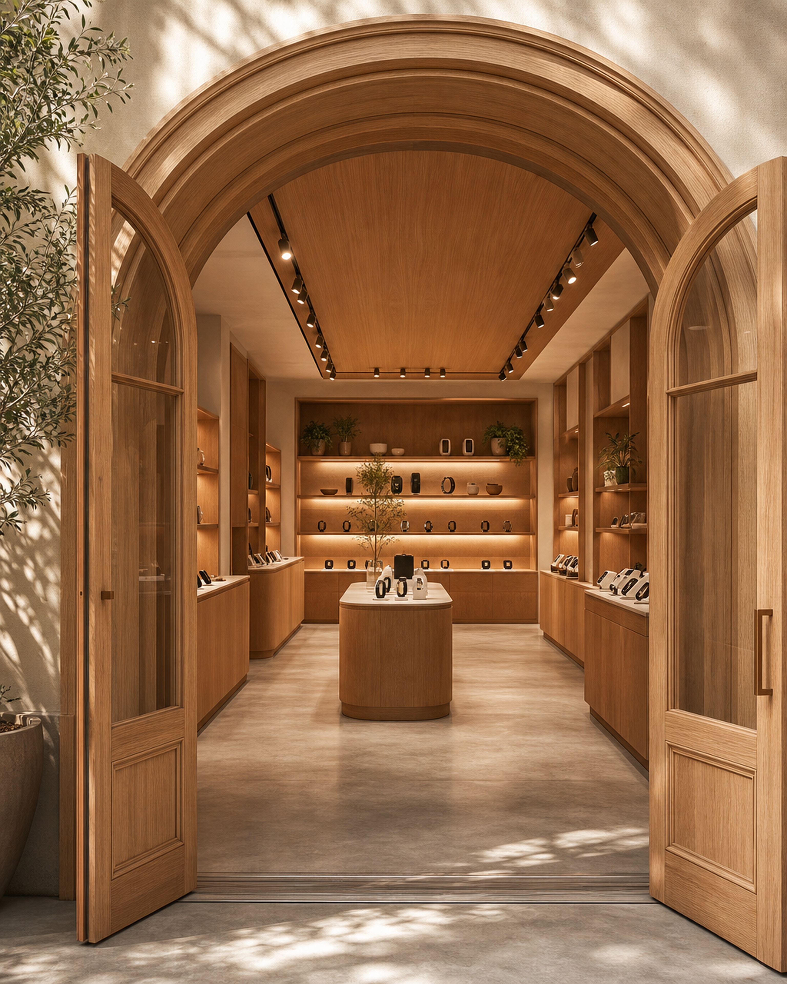 Three arched white-oak niches lit from behind with a brass sunburst medallion at centre
